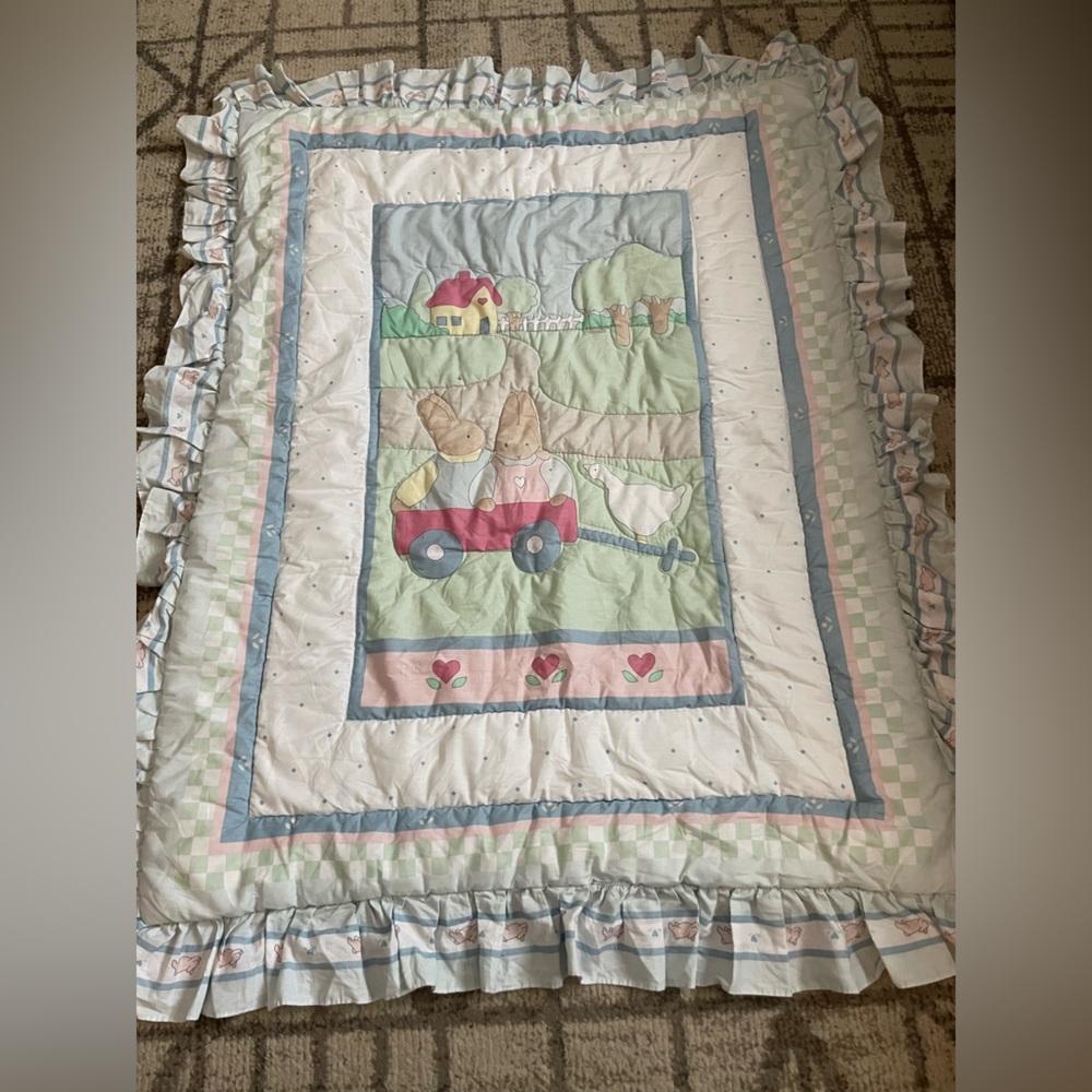 Pastel Applique Quilted Baby Blanket in Blue, Pink & Green